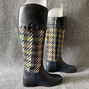 Tory Burch Miller Bouclé Tweed Leather Riding Tall Boots 7 M/38 Navy Blue Logo